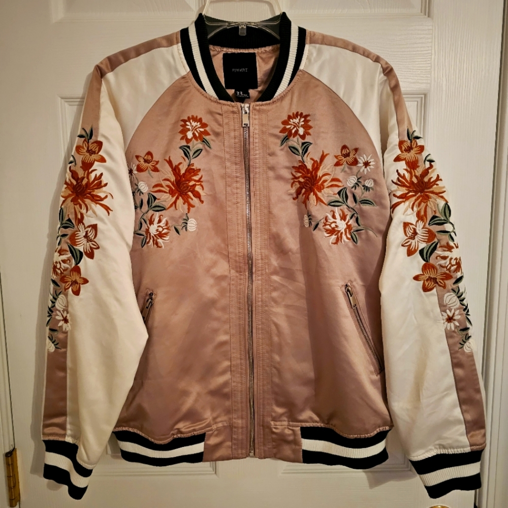 Forever 21 Tan and Cream Satin Embroidered Bomber Jacket Size M